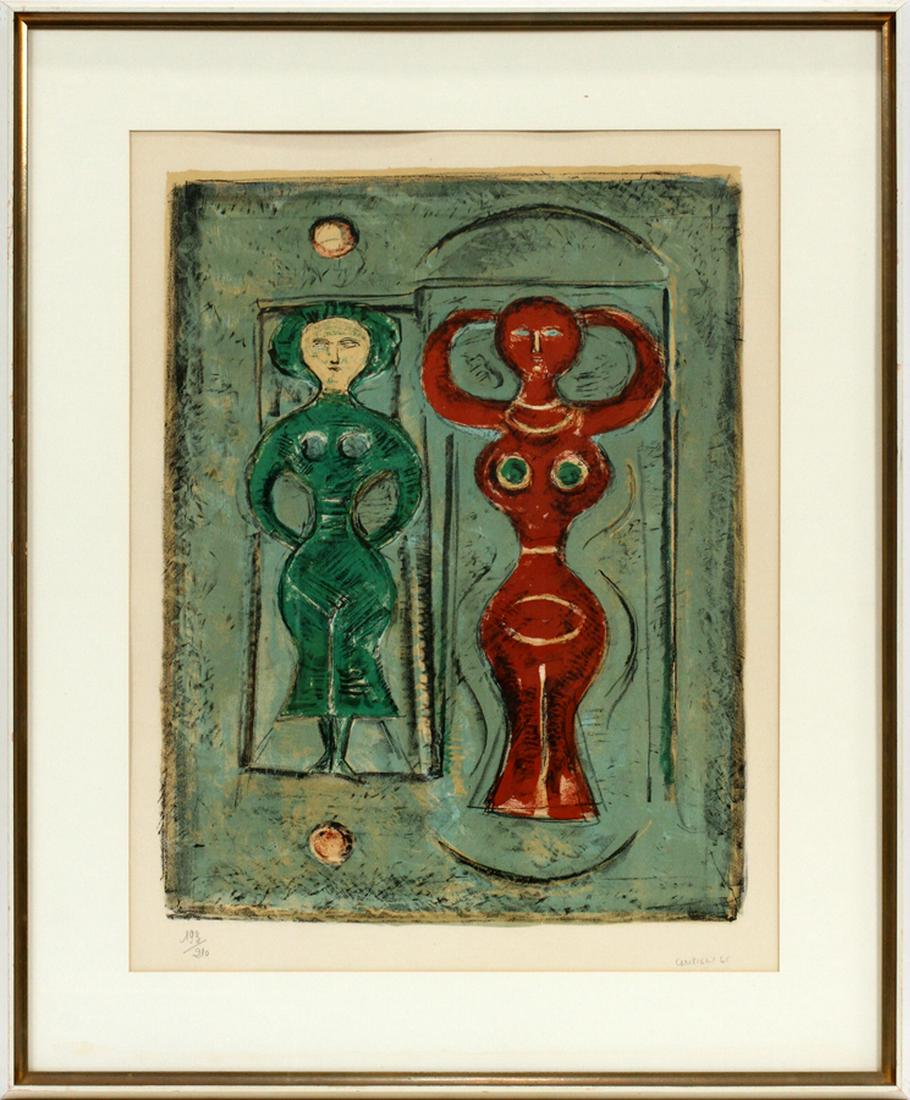 MASSIMO CAMPIGLI LITHOGRAPH H 21" W 16" 193/210: MASSIMO CAMPIGLI (ITALY, 1895-1971) LITHOGRAPH H 21" W 16" 193/210 :Depicting two abstract female figures in red and green against a sage background. Actual measurements are 21" tall by 16.25" wide. F