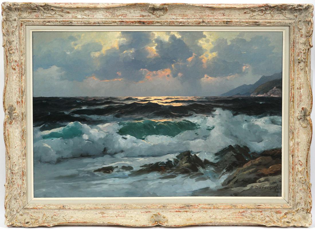 ALEXANDER DZIGURSKI OIL ON CANVAS H 24" W 36": ALEXANDER DZIGURSKI (AMERICAN, 1911-1995) OIL ON CANVAS H 24" W 36" :An Alexander Dzigurski seascape. Oil on canvas. Depicting crashing waves against a rocky shore in varied hues underneath a clouded