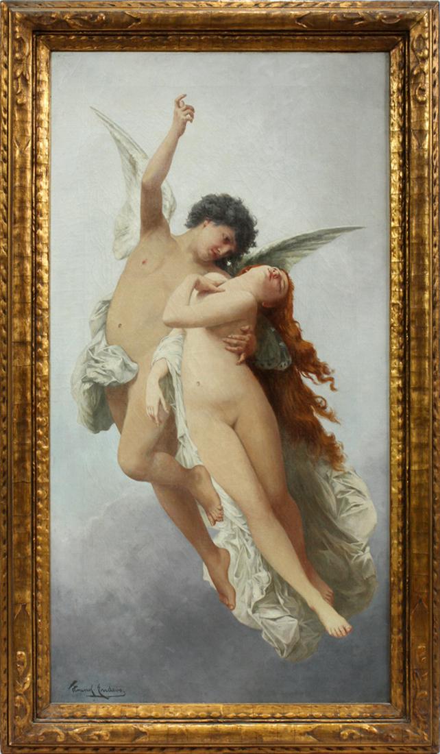 FRANK ENDERS OIL ON CANVAS CUPID & PSYCHE: FRANK ENDERS (AMERICAN, 1860-1921), OIL ON CANVAS, H 42.5", L 22.25", CUPID & PSYCHE :An oil on canvas by American artist Frank Enders after Bouguereau. Depicting Cupid capturing his mortal love, Psyc