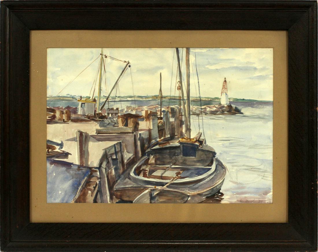 REGINALD MARSH WATERCOLOR, 1927: REGINALD MARSH (AMERICAN, 1898â€“1954), WATERCOLOR, 1927, SIGHT: H 13 1/4" W 19 3/8", HARBOR WITH FISHING BOATS :Signed and dated lower right; original frame: 22" x 27". From the artist directly