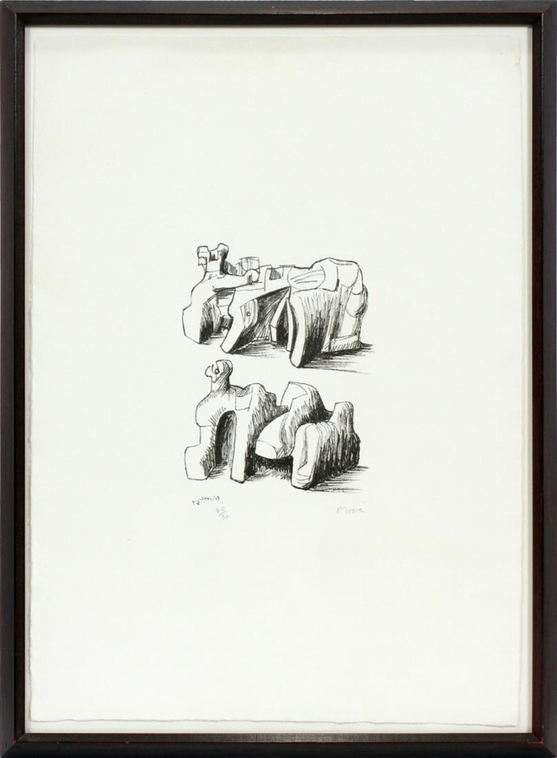 HENRY SPENCER MOORE LITHOGRAPH, C. 1967: HENRY SPENCER MOORE (ENGLISH, 1898-1986), LITHOGRAPH ON PAPER, C. 1967, H 21.5", L 9":A lithograph on paper by Henry Spencer Moore. Depicting sketches of probable sculptural works. Artist's signature,