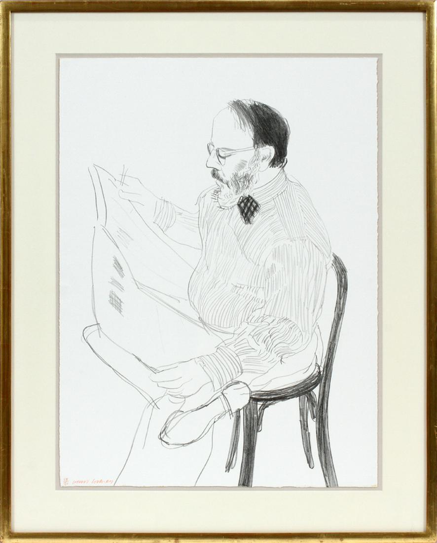 DAVID HOCKNEY LITHOGRAPH ON PAPER, H 24.25", L 18": DAVID HOCKNEY (ENGLISH, B. 1937), LITHOGRAPH ON PAPER, H 24.25", L 18", "HENRY WITH NEWSPAPER":A lithograph on paper titled "Henry With Newspaper" by David Hockney. Depicting the profile of a seated, 