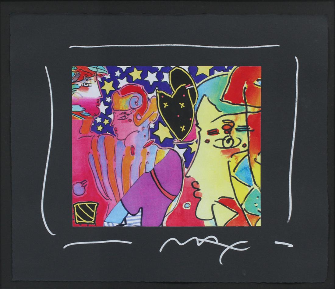 PETER MAX MIXED MEDIA WITH COLLAGE: PETER MAX (GERMAN-AMERICAN B. 1937), MIXED MEDIA WITH COLLAGE, H 9 3/4", W 11 1/4" :Custom frame. Signed lower center in white. Paper size 12" x 14". Depicting figures.