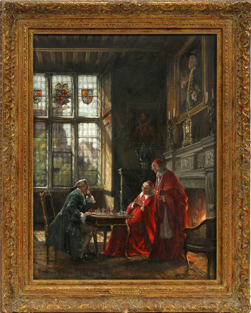 FRANK MOSS BENNETT OIL ON CANVAS "CORNERED": FRANK MOSS BENNETT (BRITISH 1874-1952), OIL ON CANVAS, H 20", W 15", "CORNERED":Signed lower left and framed.