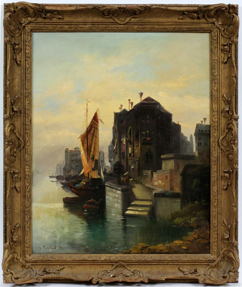 KARL KAUFMANN OIL ON CANVAS HARBOR SCENE: KARL KAUFMANN (AUSTRIAN, 1843 - CA. 1901), OIL ON CANVAS, H 24", L 30", HARBOR SCENE :An oil on canvas by Karl Kaufmann, signed with his pseudonym Charles Marchand Vienne. Depicting a Venetian canal s