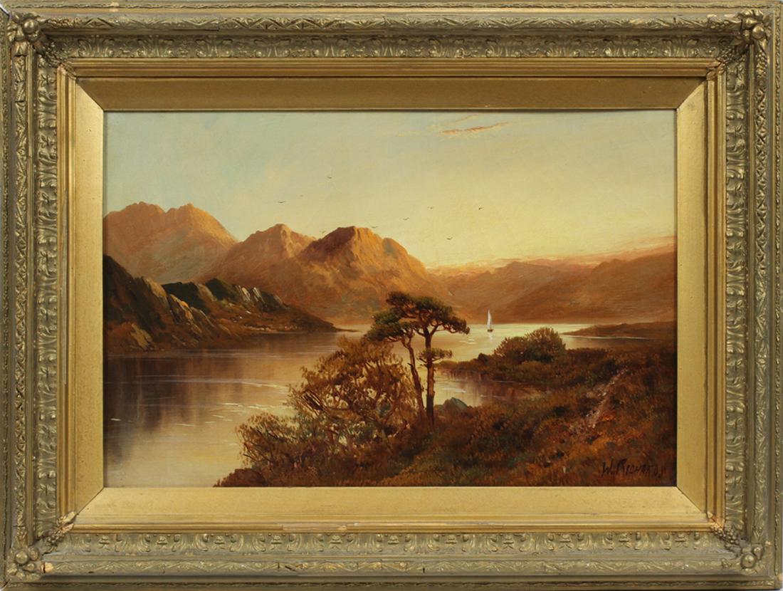 FRANCIS E. JAMIESON OIL ON CANVAS "QUEEN'S VIEW": FRANCIS E. JAMIESON (BRITISH, 1895-1950), OIL ON CANVAS, H 15.75", L 24", "QUEEN'S VIEW" :An oil on canvas by listed British artist, Francis E. Jamieson, signed with his pseudonym "W. Richard". Depict