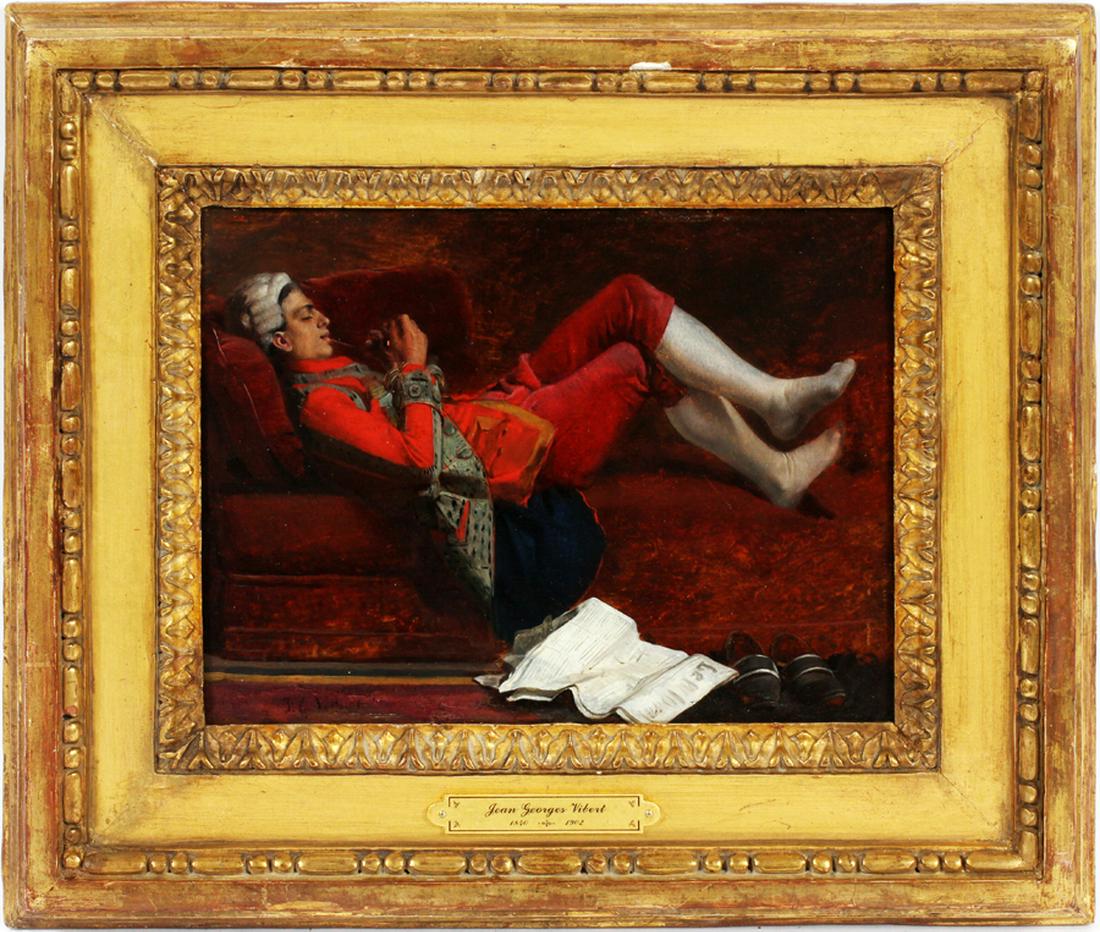 JEAN GEORGES VIBERT OIL ON MAHOGANY PANEL: JEAN GEORGES VIBERT [FRENCH, 1840-1902] OIL ON MAHOGANY PANEL, H 7", W 9.5", "THE REST" :An oil on mahogany panel depicting a man resting on a couch with papers on the floor. Signed lower left. Framed