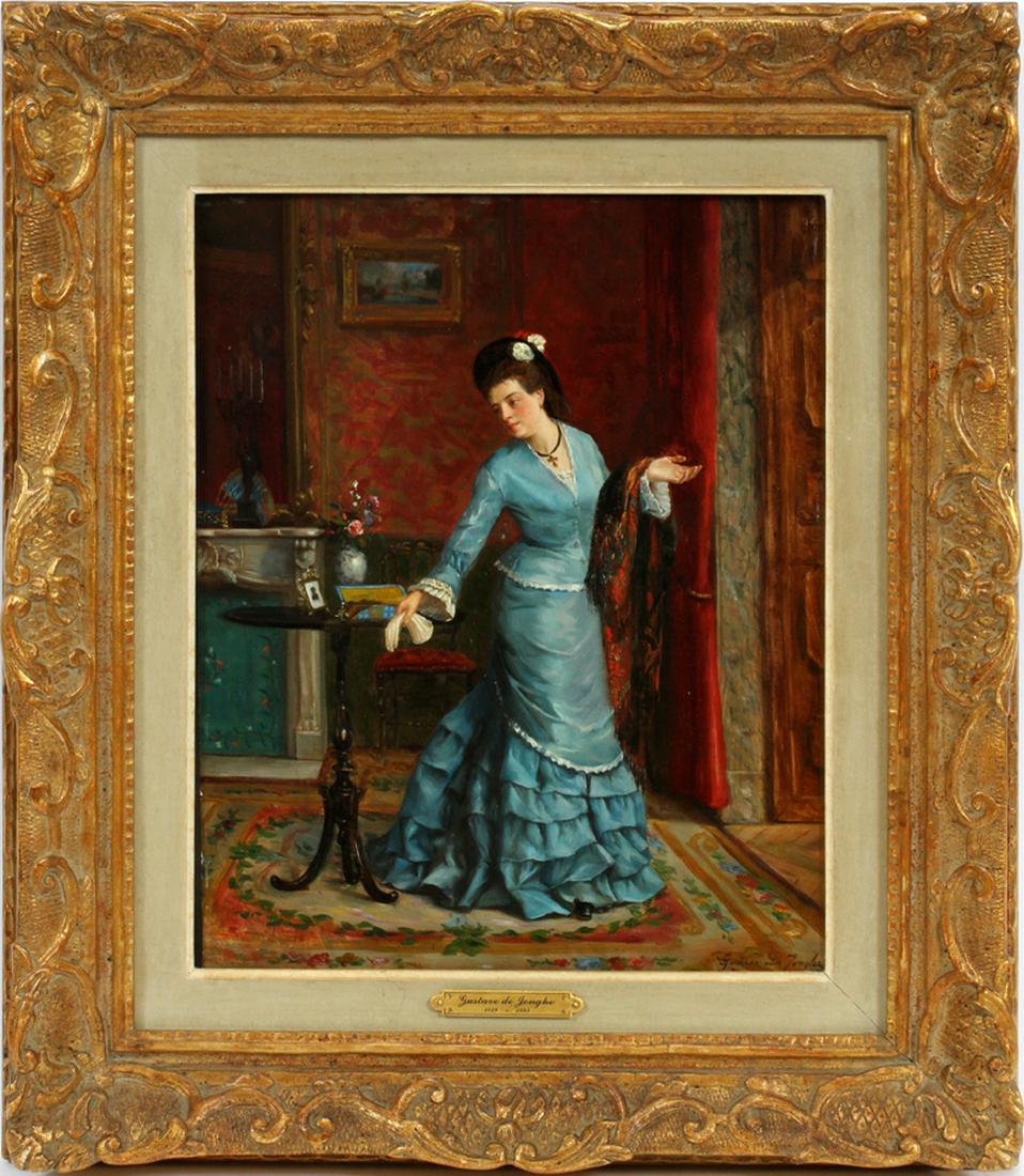 GUSTAVE LEONHARD DE JONGHE OIL ON WOODPANEL: GUSTAVE LEONHARD DE JONGHE (BELGIAN 1829â€“1893) OIL ON WOODPANEL H 16" W 12" ELEGANT LADY IN BLUE :Signed. 23" x 20" frame.