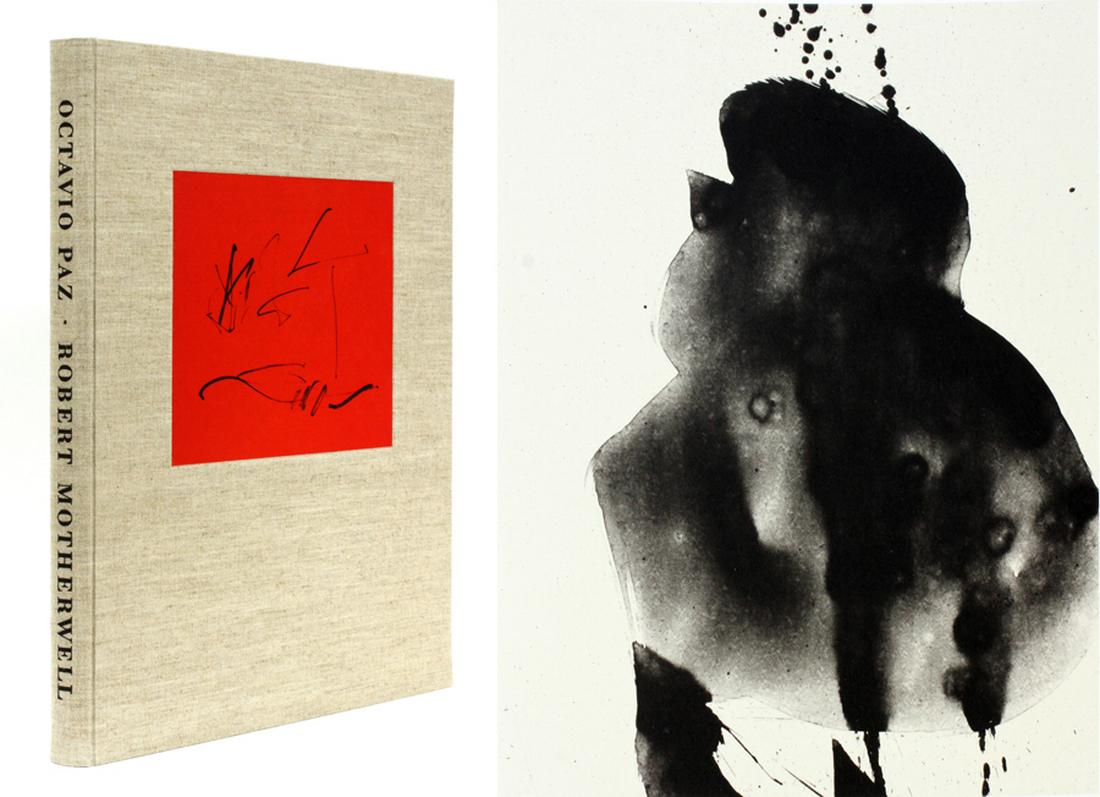 "THREE POEMS" BOOK WITH ROBERT MOTHERWELL LITHOGRAPHS: "THREE POEMS", BY OCTAVIO PAZ WITH ORIGINAL LITHOGRAPHS BY ROBERT MOTHERWELL, W 18", L 22":Octavio Paz wrote the poetry in the book and the lithographs are Robert Motherwell. The back page of the book