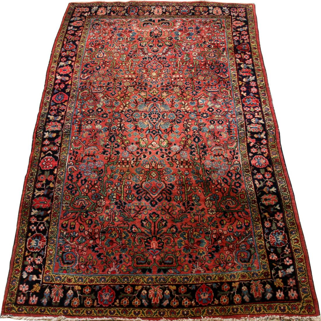 PERSIAN SAROUK HAND WOVEN WOOL RUG: PERSIAN SAROUK HAND WOVEN WOOL RUG, W 4' 1 1/2", L 6' 7" :Red ground.