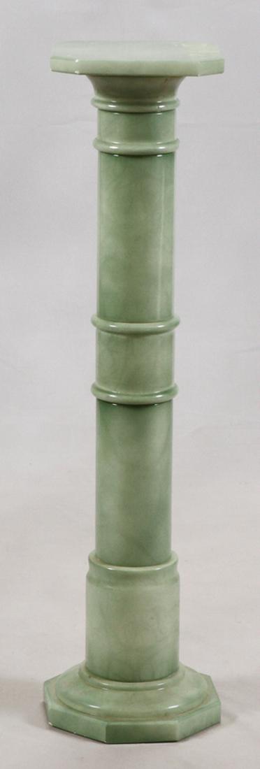 ITALIAN HAND CARVED LIGHT GREEN ALABASTER PEDESTAL: ITALIAN HAND CARVED LIGHT GREEN ALABASTER PEDESTAL, MODERN, H 38" :Columnar; octagonal top is 9.5" square.