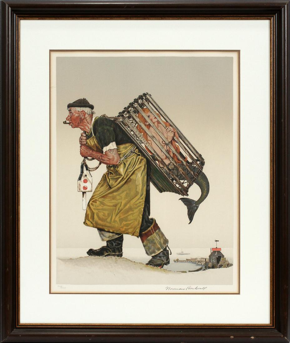 AFTER NORMAN ROCKWELL, COLOR LITHOGRAPH: AFTER NORMAN ROCKWELL, COLOR LITHOGRAPH, H 23", W 18", "MERMAID (A FAIR CATCH)" :Framed. Pencil signed lower right, numbered XXIV/XXXV lower left.