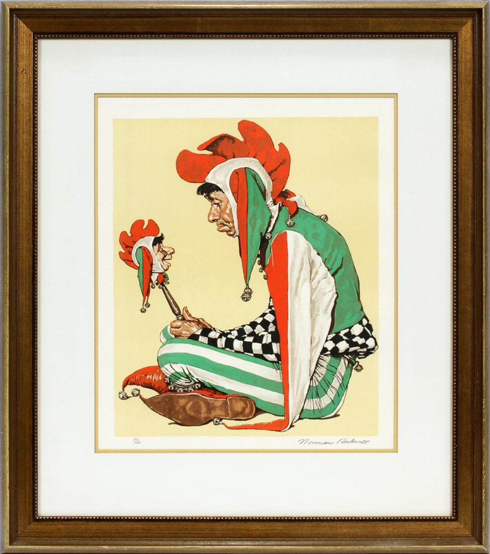 AFTER NORMAN ROCKWELL COLOR LITHOGRAPH, #110/200: AFTER NORMAN ROCKWELL (AMERICAN, 1894â€“1978), COLOR LITHOGRAPH, #110/200, H 22", W 18.5", "JESTER" :Depicts a harlequin. #110/200. Appeared on cover of Saturday Evening Post, February 11, 1939. 