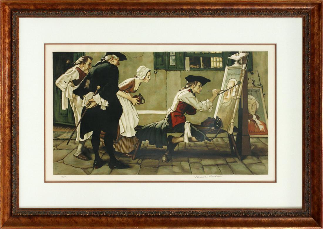 AFTER NORMAN ROCKWELL LITHOGRAPH: AFTER NORMAN ROCKWELL (AMERICAN, 1894â€“1978), LITHOGRAPH, PENCIL SIGNED ARTIST'S PROOF, "COLONIAL SIGN PAINTER", H 18", W 31" :Framed size: H 33.5", W 47"