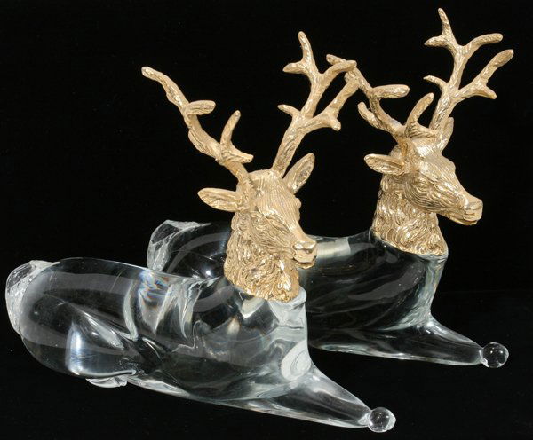 FREDERICK COOPER CRYSTAL & BRASS REINDEER: FREDERICK COOPER, HAND BLOWN CRYSTAL & BRASS REINDEER, PAIR, H 8", W 3", L 9":brass heads and antlers; Frederick Cooper, Chicago;