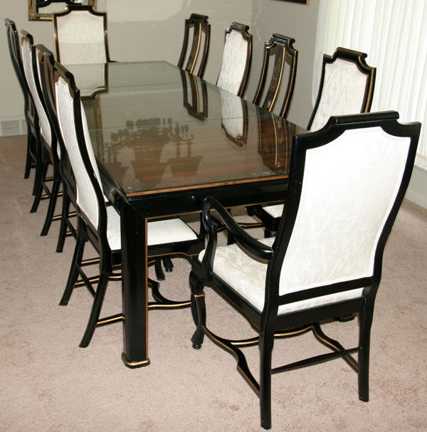 HENREDON DINING TABLE & SET OF TEN CHAIRS: HENREDON CHINOISERIE STYLE DINING TABLE & SET OF TEN CHAIRS, W 42", L 66":Top of table is covered by three plate glass sections, plus two leaves, each 18" wide. Together with 8 side chairs and 2 armch