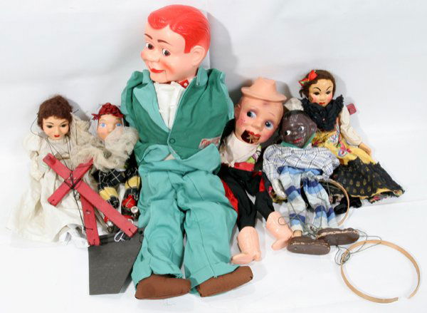 HAZELLE'S MARIONETTES, TWO, & FOUR OTHERS: HAZELLE'S MARIONETTES, TWO, & FOUR OTHERS:Including 2 female marionettes by Hazelle, 1 figure of a girl on roller skates, 1 figure of an African American young man and 2 ventriloquist dummies. Six pie