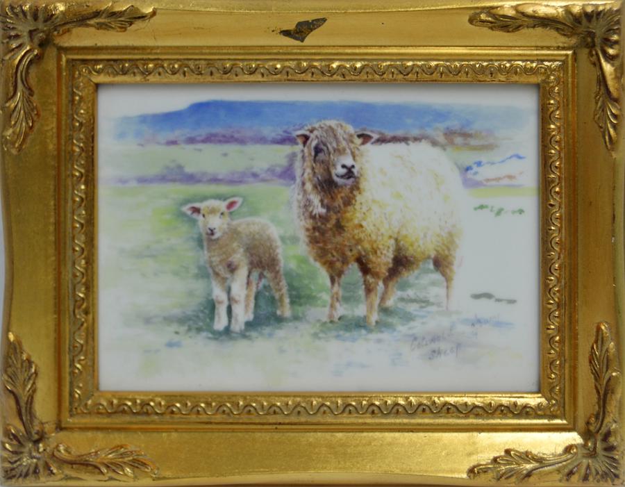 CHRIS BURNS HAND PAINTED PORCELAIN PLAQUE: CHRIS BURNS, HAND PAINTED PORCELAIN PLAQUE, H 4 1/2", W 6 1/2" (IMAGE), "COTSWOLD SHEEP" :Depicts mother sheep and lamb. Titled lower right and signed "Cotswold Sheep" and "C. Burns". Dated on verso '