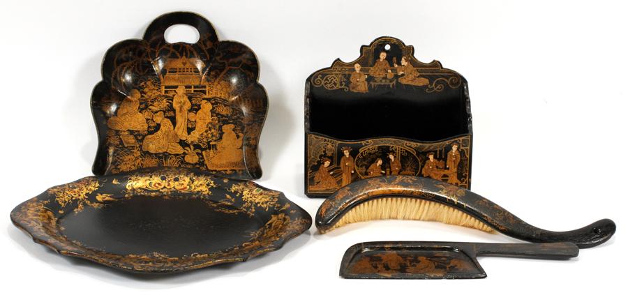 JAPANNED LACQUER LETTERBOX, ETC, CIRCA 1850: JAPANNED LACQUER LETTERBOX, ETC, CIRCA 1850, 5 PCS. W 7.75" - 11.25" L 7" - 13":The Japanned lacquer grouping. includes: 1 brush and 2 receivers; 1 tray, L 13", W 11.25"; and 1 letterbox, H 7", L 7.75