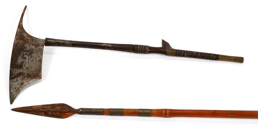 AFRICAN, TRIBAL SPEAR AND AXE, 2 PCS.: AFRICAN, TRIBAL SPEAR AND AXE, 2 PCS., W 12 1/2" L 24", 12.5' :African tribal weapons. The spear L 12.5', is mounted on bamboo and wood. The ax W 12.5", has metal adornment to the handle. Overall leng