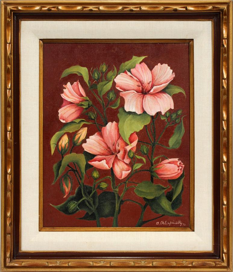 OLGA SLUSARCZUK OSTAPIAK, OIL ON CANVAS: OLGA SLUSARCZUK OSTAPIAK, OIL ON CANVAS, H 20", W 16", UNTITLED #97230941 :Floral still life. Signed lower right, Giltwood frame, 30" H. x 26" W.