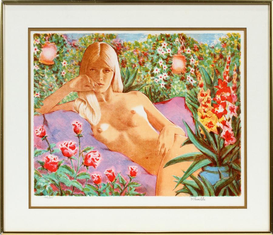 PAUL RAVELLE PRINT FEMALE NUDE: PAUL RAVELLE, PRINT, 20TH C., H 22", W 16", FEMALE NUDE AMIDST WILD FLOWERS :Depicting reclining nude amidst a verdant flower garden. #144/375. Framed and matted under glass.