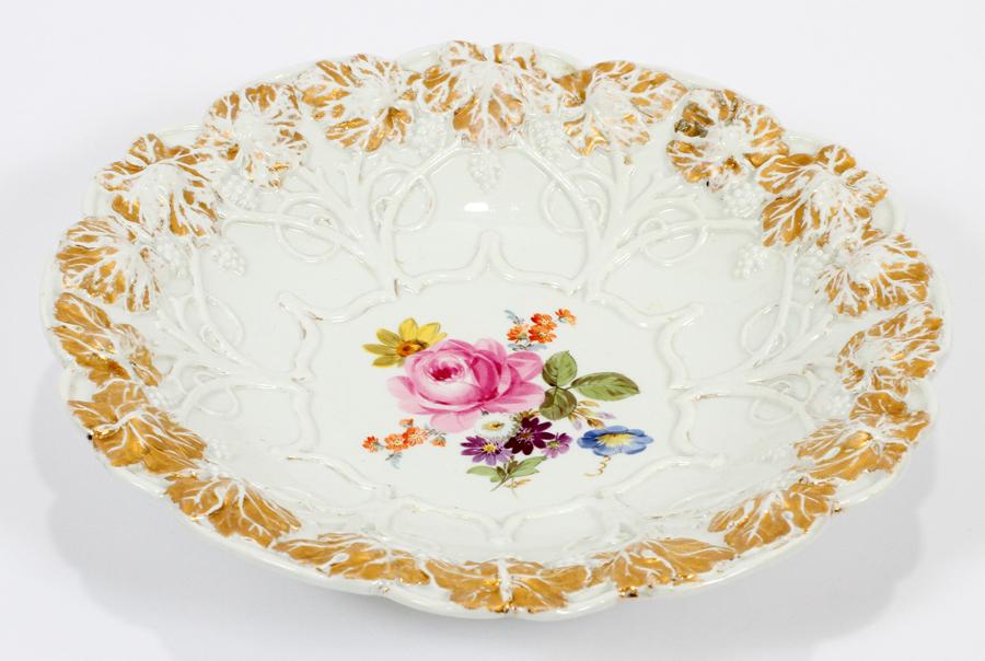 MEISSEN PORCELAIN CENTERPIECE BOWL, C. 1890: MEISSEN PORCELAIN CENTERPIECE BOWL, C. 1890 H 10.5" :Hand painted pink flower at center, gilt border. Blue underglaze crossed swords mark.