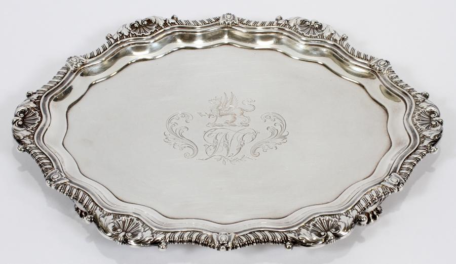 LONDON STERLING TRAY BENJAMIN SMITH & JAMES SMITH: LONDON, ENGLAND, STERLING TRAY, BENJAMIN SMITH & JAMES SMITH W 9", L 12" :Footed tray. Engraved crest of winged horse, gadroon and shell edge. Hallmarks: crowned lion, lion passant, date letter "P", m