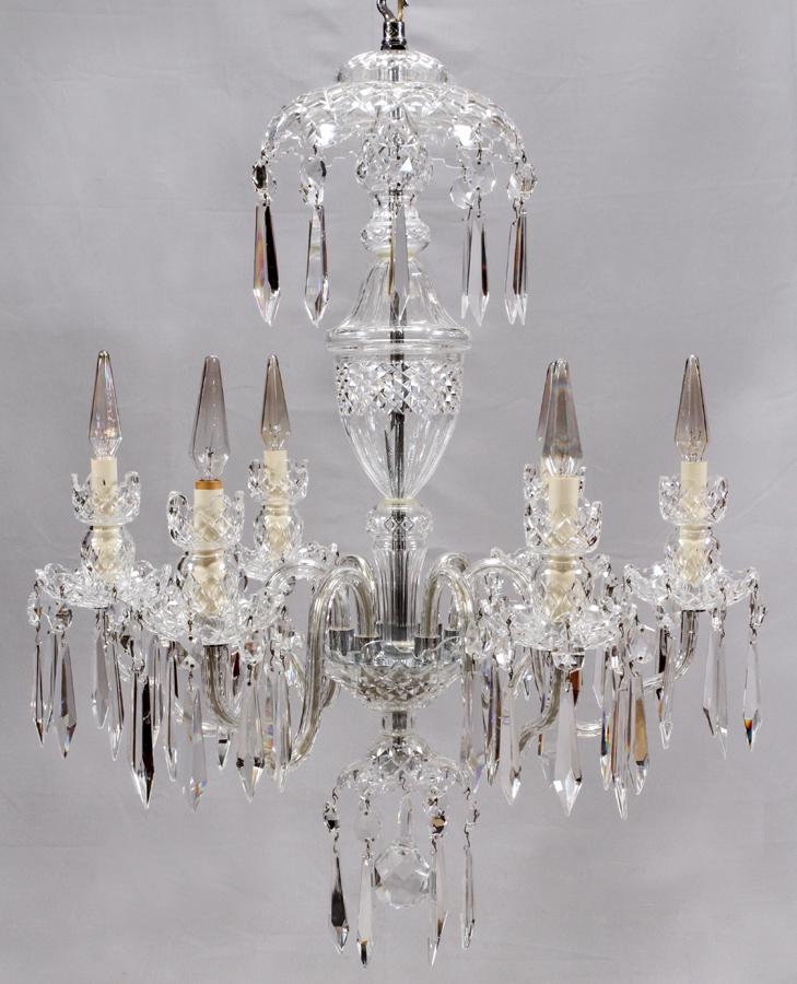 WATERFORD SIX ARM CHANDELIER H 31", DIA 26": WATERFORD SIX ARM CHANDELIER H 31", DIA 26" :Most elements signed. jw