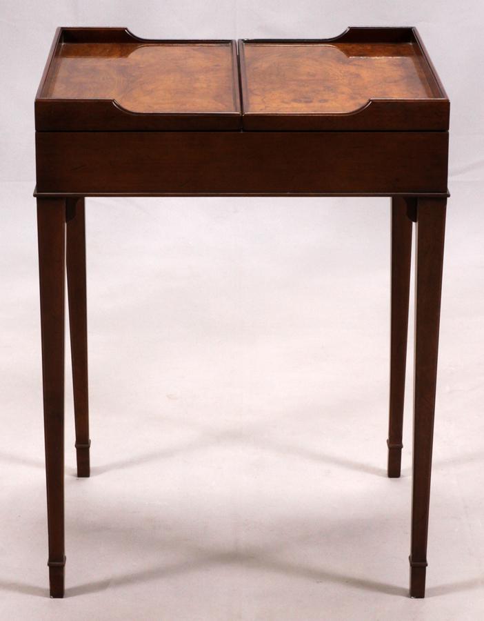 ETHAN ALLEN, MAHOGANY GAME TABLE: ETHAN ALLEN, MAHOGANY GAME TABLE , H 29", W 21", D 18" :Having a hinged top to open as checker board. From the collection of Mary Jane Drummy, Tonnancour Rd. Grosse Pointe Farms.