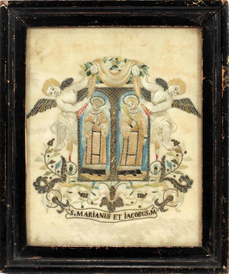 LATIN EMBROIDERY FRAMED SILK & BEADS: LATIN EMBROIDERY FRAMED SILK & BEADS, CIRCA 1800 H 7.75" W 6.25" :An antique embroidery depicting angels and saints augmented with floral motifs and beads. Couched gilt and silver beads and thin strip
