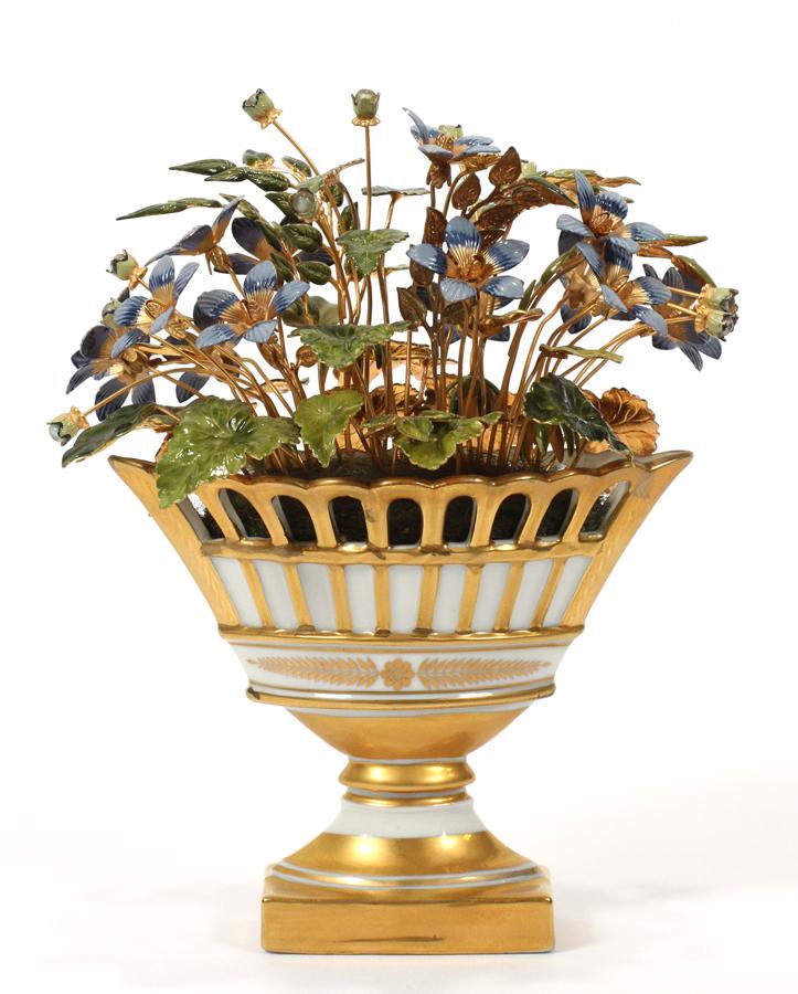 JANE HUTCHESON GORHAM COMPANY ENAMEL & GILT FLOWER: JANE HUTCHESON GORHAM COMPANY ENAMEL & GILT FLOWER STUDY H 7" W 6" :Porcelain jardinere.