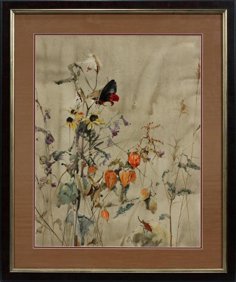 RICHARD JERZY WATERCOLOR FLOWERS AND BUTTERFLY: RICHARD JERZY (AMERICAN, 1944-2001) WATERCOLOR H 32" W 25" FLOWERS AND BUTTERFLY :Original watercolor depicting a butterfly amidst flowers.