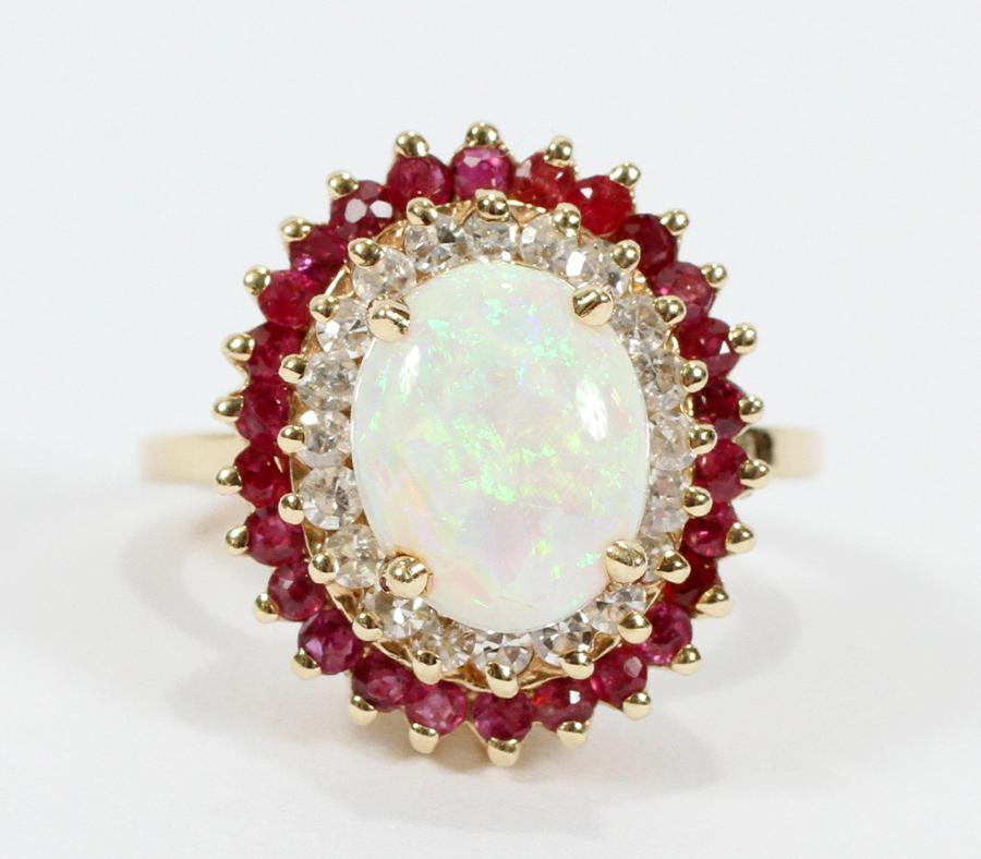 OPAL, DIAMOND & RUBY GOLD OVAL FASHION RING (1 of 3)