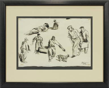 ZOLTAN SEPSHY PENCIL DRAWING ON PAPER: ZOLTAN SEPESHY (HUNGARIAN-AMERICAN 1898-1974) PENCIL DRAWING ON PAPER H 12 3/4", W 19", "SKETCHBOOK ONE":Said to be Pittsburgh Iron workers. Signed lower right. Matted and framed. Iron worker figures