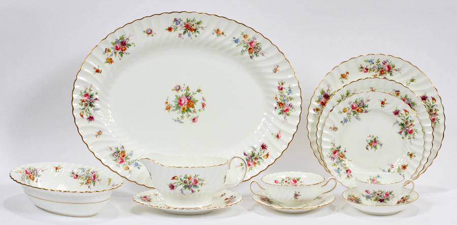 MINTON: MINTON'S "MARLOW" BONE CHINA DINNER SERVICE, 95 PIECES :A Minton's "Marlow" pattern bone china dinner service. Having a sprigged floral pattern and a fluted edge augmented with fired gold. Comprised o