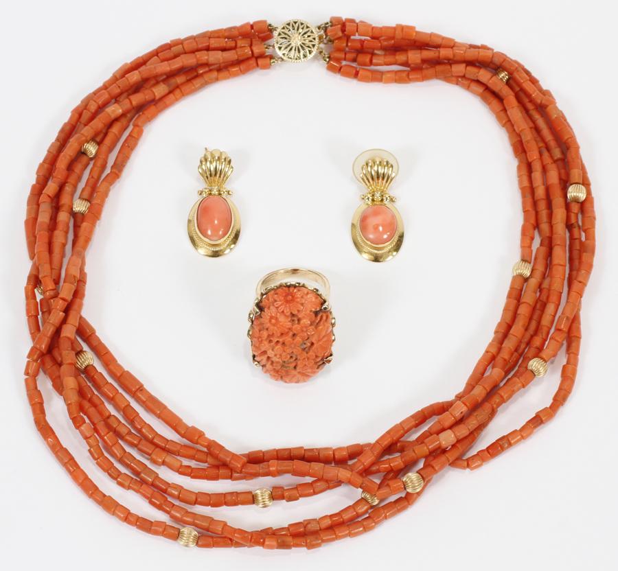 CORAL CHOKER, EARRINGS & CARVED RING (1 of 6)
