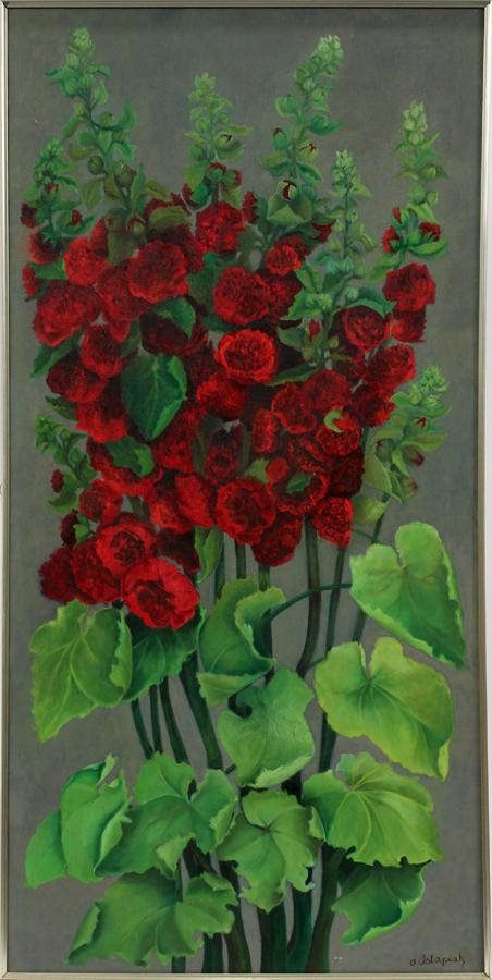 OLGA SLUSARCZUK OSTPIAK, OIL ON CANVAS: OLGA SLUSARCZUK OSTPIAK, OIL ON CANVAS, H 36", W 24" HOLLYHOCK :Signed lower right;framed.