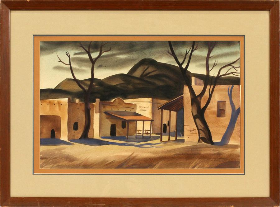 FLOYD HOPPER WATERCOLOR "OLD TUSCON": FLOYD HOPPER (AMERICAN, 1909-1984), WATERCOLOR, SIGHT: H 13", W 20 3/4", "OLD TUSCON" :Signed and titled lower right; framed.