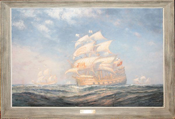 FREDERICK LEO HUNTER OIL "THE GOLDEN HIND": FREDERICK LEO HUNTER (AMERICAN 1858-1943), OIL ON CANVAS, 1924, 28 3/4" X 40", "THE GOLDEN HIND":Signed and dated lower right; framed; Sir Francis Drake's Ship. James D. Julia., Inc., 8/25/'05.