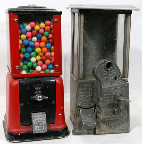 BUBBLE GUM MACHINES TWO, H 15", W 7", D 8": BUBBLE GUM MACHINES TWO, H 15", W 7", D 8":stamped metal piece c1950; other stamped "Master" with Pat. Date Aug. 14: 28;