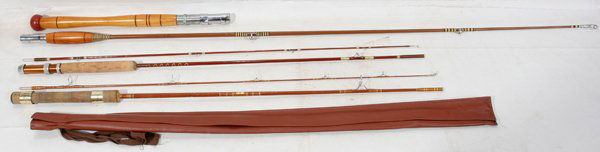 SHAKESPEARE HOMER LEBLANC FISHING RODS C 1950: SHAKESPEARE, WRIGHT & MCGILL, HOMER LEBLANC, WOOD & FIBER GLASS FISHING RODS, C 1950, 20+, L 5'6"-7':includes spinning rods, salmon, Muskie and fly-fishing rods; 5 aluminum storage tubes and some with