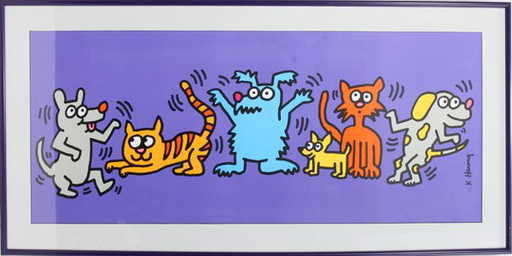 022114: COLOR LITHO KEITH HARING DOGS & CAT DANCING