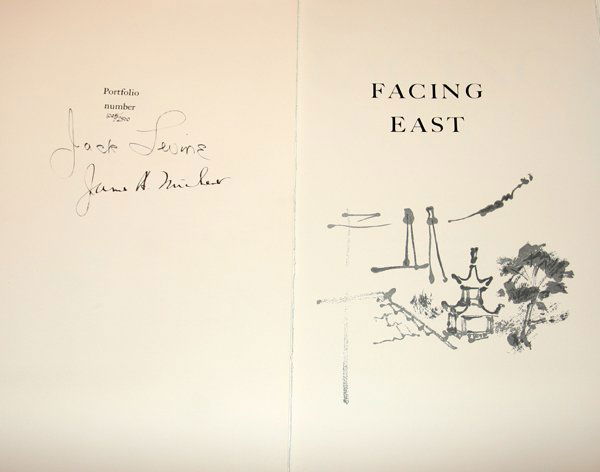 JACK LEVINE LITHOS & WOODCUTS 'FACING EAST': JACK LEVINE, ORIGINAL LITHOGRAPHS & WOODCUTS PORTFOLIO, #1001/2500, 19" X 12", 'FACING EAST':Limited edition, text by James A. Michener, signed by Jack Levine and Michener, published by Maecenas Press