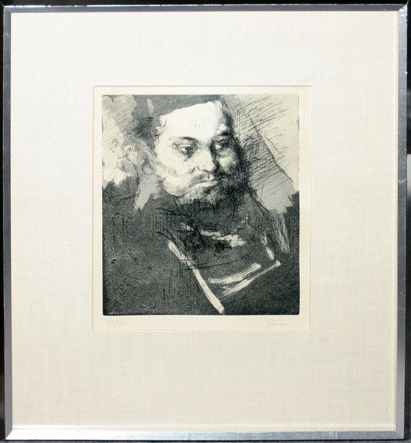 JACK LEVINE ETCHING & AQUATINT 'BEARDED MAN': JACK LEVINE [USA B. 1915], ETCHING & AQUATINT, #42/50, 9 3/4" X 7 3/4", 'BEARDED MAN':Pencil signed. #42/50. 9 3/4" x 7 3/4". "Ashkenazi" Garelicks Gallery label. From the Collection of Dr John and Ro