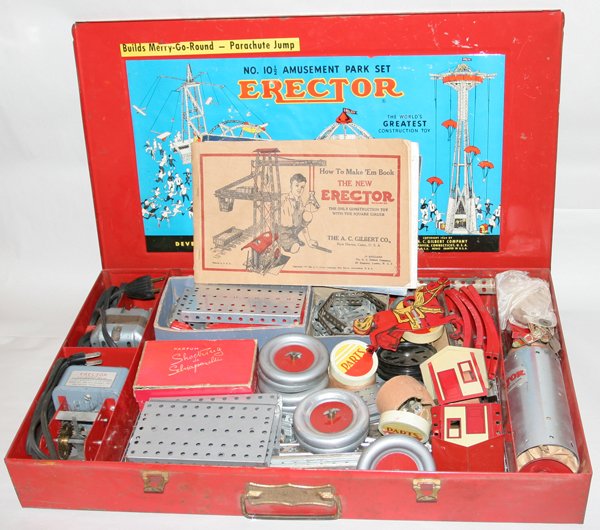 A.C. GILBERT CO. ERECTOR SET & METAL CASE: A.C. GILBERT CO. ERECTOR SET & PAINTED METAL CASE, C. 1930:Working order is not guaranteed.