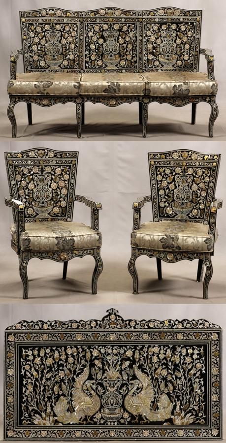 EGYPTIAN MOTHER OF PEARL & LACQUER PARLOR SET: EGYPTIAN MOTHER OF PEARL AND BLACK LACQUER PARLOR SET, 4 PCS Two armchairs, one settee, and one wall plaque.