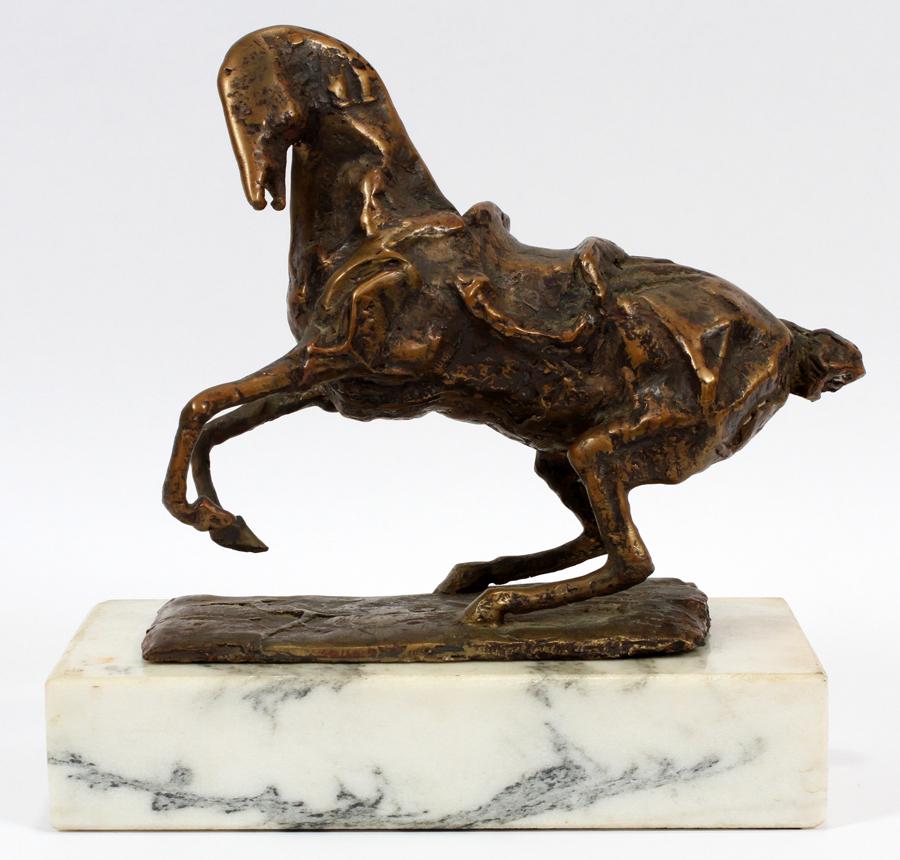 STYLE OF KAIKO MOTI BRONZE HORSE SCULPTURE: STYLE OF KAIKO MOTI (INDIAN, 20TH C.), BRONZE HORSE SCULPTURE, H 11.5", W 10.5", D 6"A Brutalist bronze sculpture. Depicting a saddled horse rearing its front legs. Having the style of Kaiko Moti (Ind