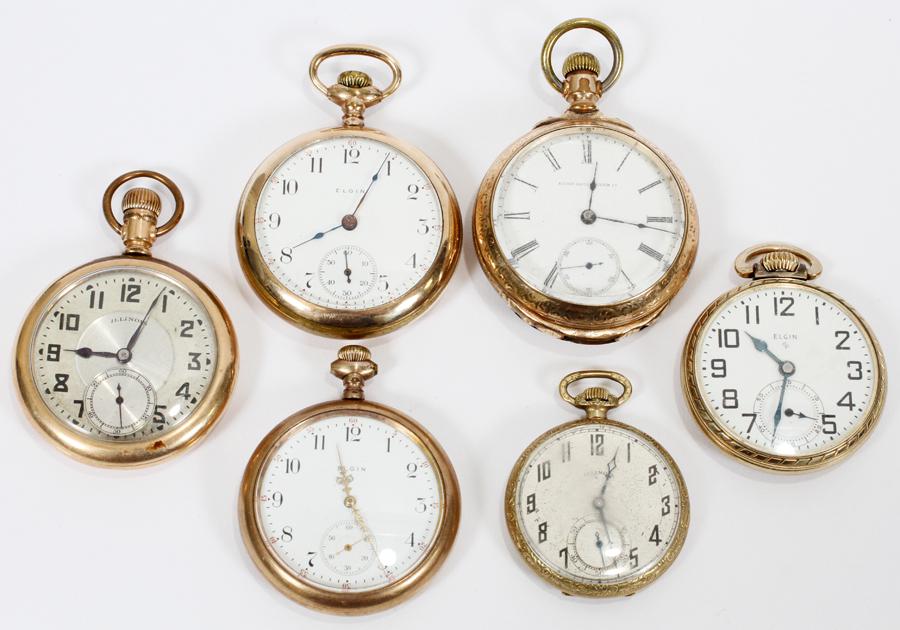 ELGIN AND ILLINOIS, GOLD FILLED, POCKET WATCHES: ELGIN AND ILLINOIS, GOLD FILLED, OPEN FACE, POCKET WATCHES, C1900 - 1930, 6 PCS., DIA 1 1/2" - 1 3/4" FACES Includes four Elgin and two Illinois open face pocket watches. Three Elgin having Arabic num