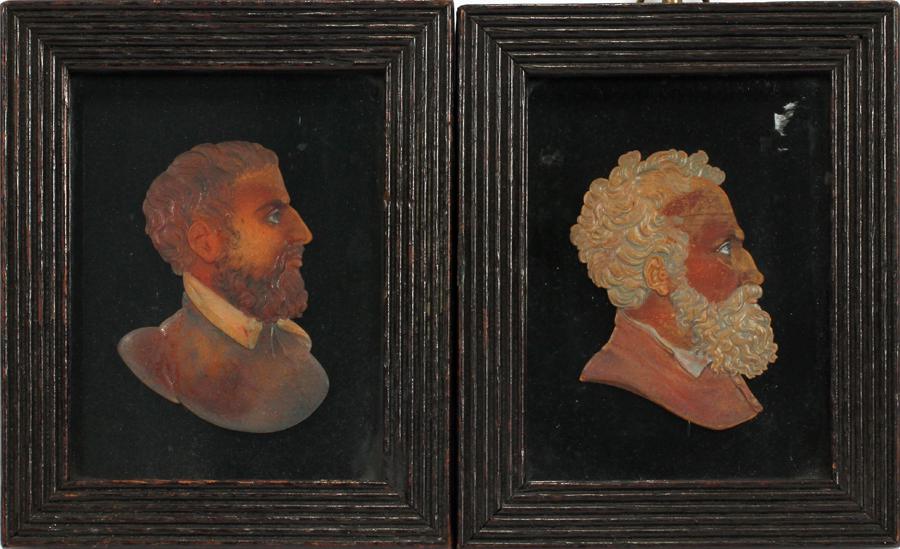MINIATURE HANDPAINTED WAX PROFILES, FRAMED C1900: MINIATURE HANDPAINTED WAX PROFILES, FRAMED C1900, 2 PCS. H 3" W 2" Two hand-painted wax profiles. One depicting an older gentleman with grey, wavy, hair and a beard. The other depicting a young man wi